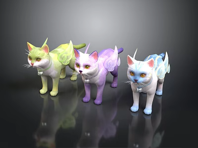 Colorful Fantasy Cat Figurines With Wings In Yellow Purple Blue Hues 3d model