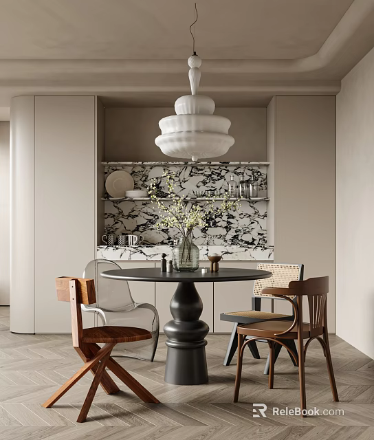 Elegant Modern Restaurant with Round Dining Table Mixed Chairs White Pendant Light Marble Wall Decor 3d model