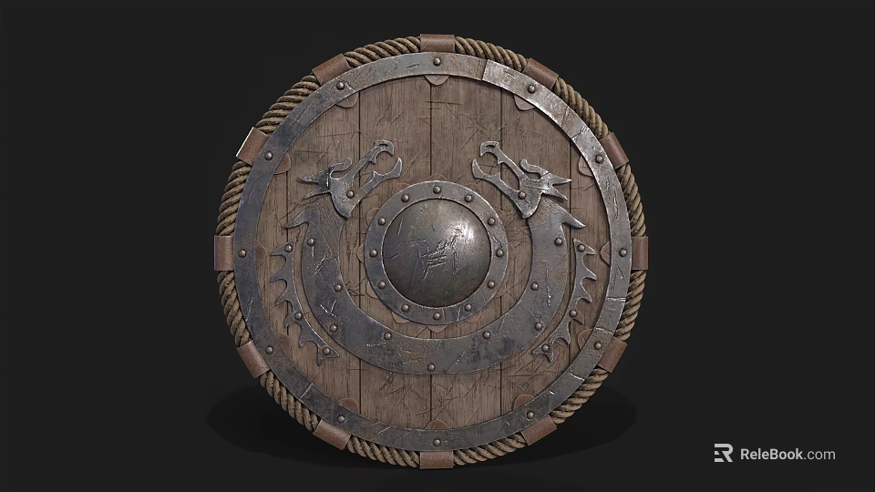 Medieval Wooden Shield With Dragon Carvings Metal Decorations Central Metal Disc And Rope Edge 3d model 