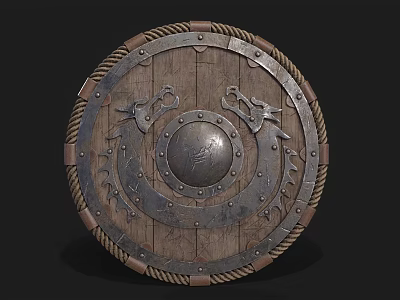 Medieval Wooden Shield With Dragon Carvings Metal Decorations Central Metal Disc And Rope Edge 3d model