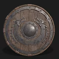 Medieval Wooden Shield With Dragon Carvings Metal Decorations Central Metal Disc And Rope Edge