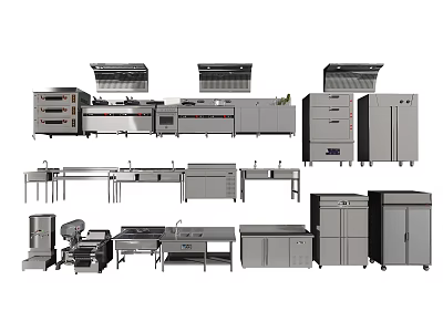 Stainless Steel Commercial Kitchen Appliances With Worktables Refrigerators And Ovens 3d model