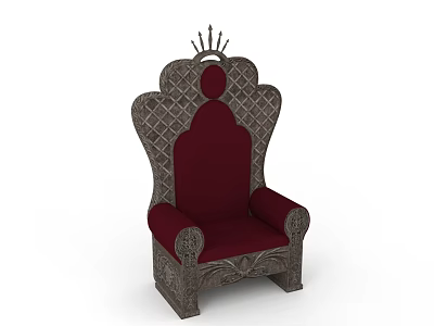 Royal Style Armchair with Crown Decoration Red Cushion and Carved Wooden Frame 3d model