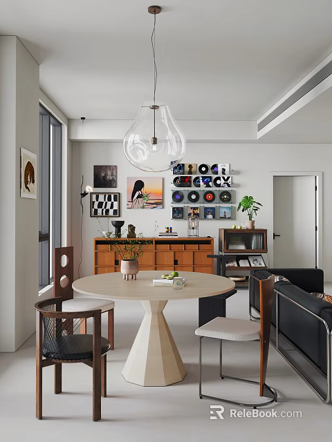 Modern Restaurant Interior With Round Dining Table Pendant Light Record Decorations And Wall Art 3d model