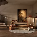 Spacious Duplex Living Room With Wooden Ceiling Beams Ceiling Fan Sofa Coffee Table And Staircase