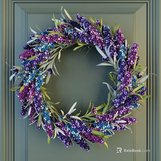 Decorative Hanging Wreath with Purple and Blue Flowers and Green Leaves for Wall Decoration 3d model 