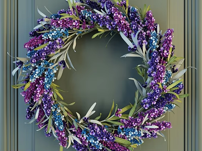 Decorative Hanging Wreath with Purple and Blue Flowers and Green Leaves for Wall Decoration 3d model