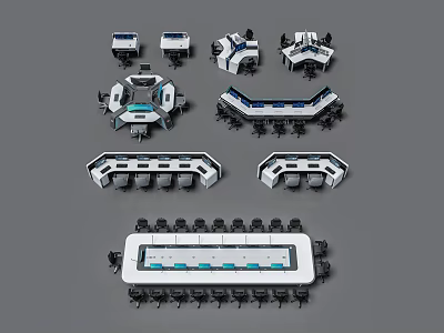 Office Desks with Various Shapes and Ergonomic Chairs for Modern Office Setup 3d model