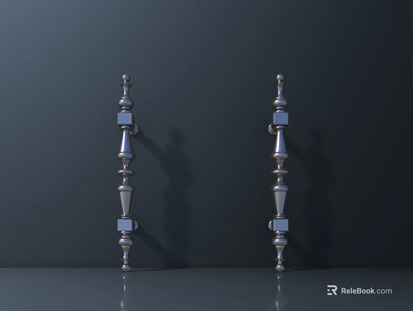 Pair of Decorative Silver Metal Handles with Ornate Geometric Details on Dark Background 3d model 