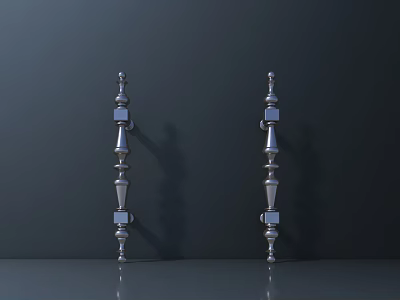 Pair of Decorative Silver Metal Handles with Ornate Geometric Details on Dark Background 3d model