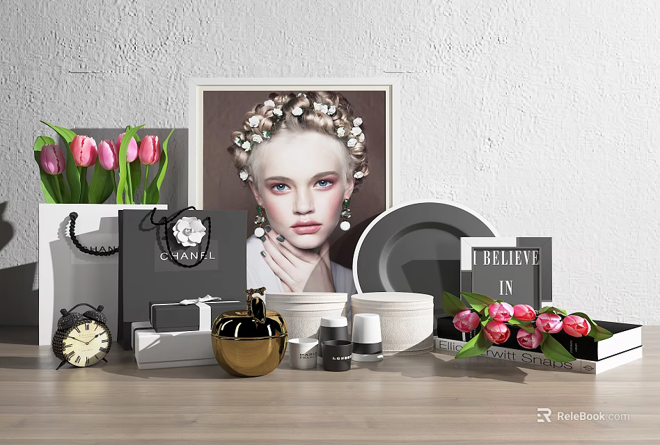 Elegant Ornamental Decor Set With Framed Picture Tulips Bouquet And Perfume Bottle 3d model 