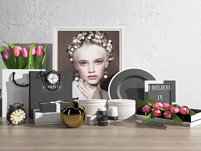 Elegant Ornamental Decor Set With Framed Picture Tulips Bouquet And Perfume Bottle 3d model