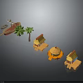 Tropical Beach Hut Buildings With Palm Trees Wooden Boat And Round Pavilion