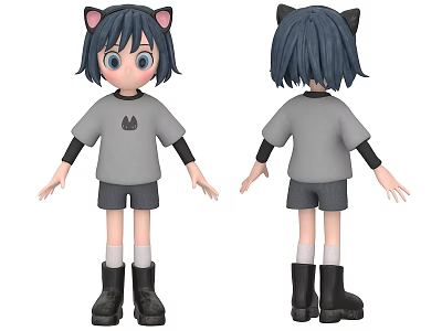 Anime Girl Character With Cat Ears Gray T shirt Black Shorts White Socks Boots Front Back Views 3d model
