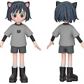 Anime Girl Character With Cat Ears Gray T shirt Black Shorts White Socks Boots Front Back Views