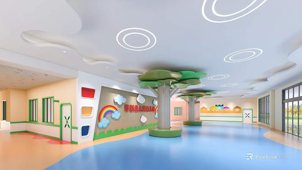 Colorful Kindergarten Interior With Tree Shaped Structures Circular Ceiling Lights And Rainbow Decorations 3d model