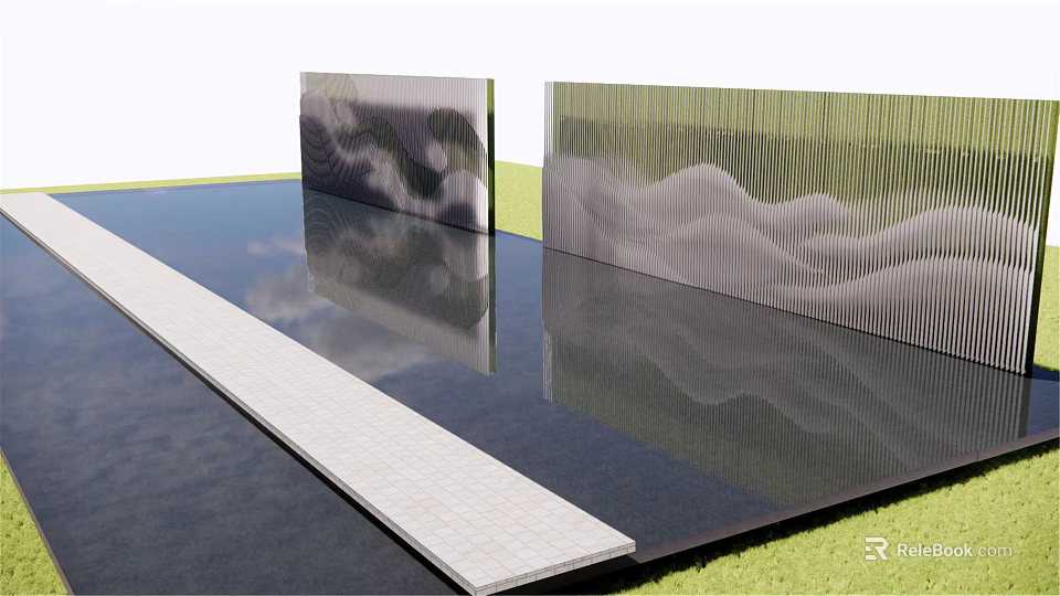 Modern Landscape Feature Wall Design With Water Reflection And Textured Patterns 3d model