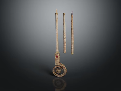 Ancient Decorative Weapon With Three Long Bars Circular Base And Intricate Patterns On Dark Background 3d model