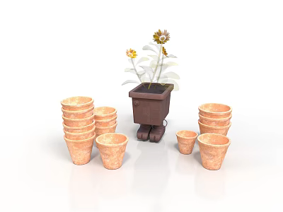 Sunflower Plant In Brown Pot With Stacked Terracotta Pots Of Various Sizes 3d model