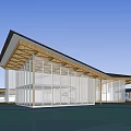 Modern Commercial Street Architectural Design With Wooden Roof Structure And Glass Facade