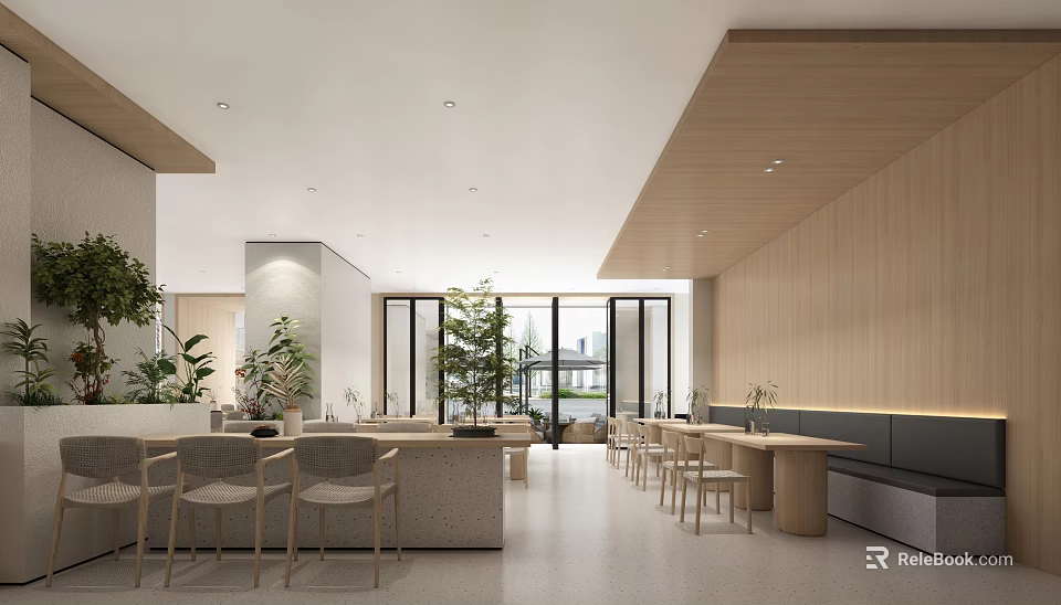 Modern Restaurant Interior With Wooden Walls Large Windows Natural Light And Green Plants 3d model 