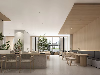 Modern Restaurant Interior With Wooden Walls Large Windows Natural Light And Green Plants 3d model
