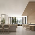 Modern Restaurant Interior With Wooden Walls Large Windows Natural Light And Green Plants