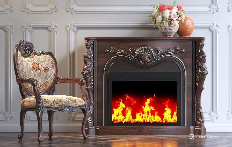 Classic Ornate Armchair Next To Decorative Fireplace With Floral Arrangement 3d model 