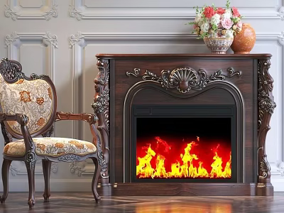 Classic Ornate Armchair Next To Decorative Fireplace With Floral Arrangement 3d model
