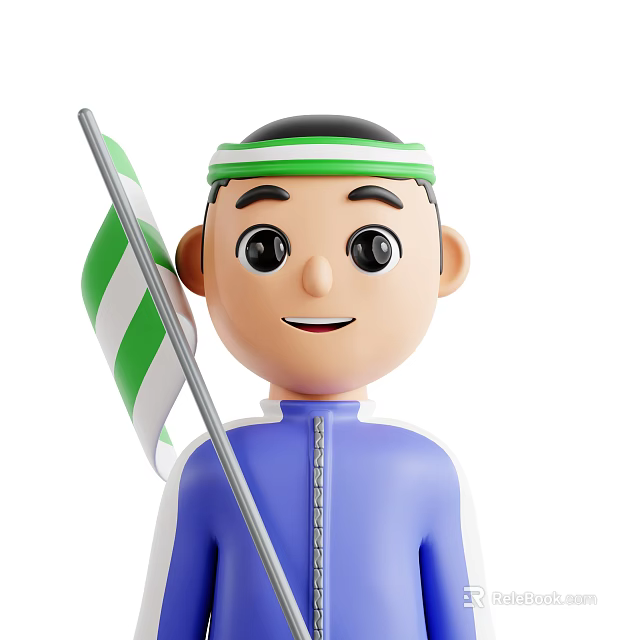 3D Game Movie Cartoon Character Wearing Green White Headband Blue Jacket Holding Flag Smiling 3d model 