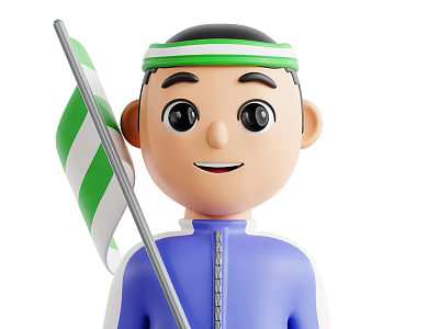 3D Game Movie Cartoon Character Wearing Green White Headband Blue Jacket Holding Flag Smiling 3d model