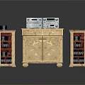 Golden Carved Console Table With Electronic Devices And Side Cabinets On Both Sides