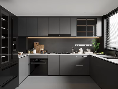 Sleek Modern Kitchen Interior With Dark Gray Cabinets White Countertop And Appliances 3d model