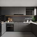 Sleek Modern Kitchen Interior With Dark Gray Cabinets White Countertop And Appliances