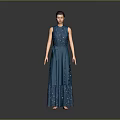 Woman in Dark Blue Sequined Long Dress with Belt Standing Against Gray Background