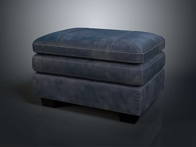 Dark Blue Leather Square Footstool With Double Layered Design And Black Short Legs 3d model