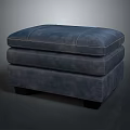 Dark Blue Leather Square Footstool With Double Layered Design And Black Short Legs