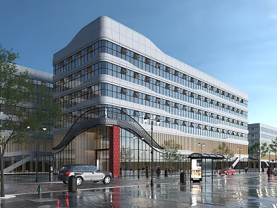 Modern Office Building Exterior With Glass Curtain Walls Red Entrance Trees Street Lamps Wet Pavement 3d model