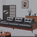 Living Room Interior With Black Leather Sofa Wooden Coffee Table Floor Lamp And Decorative Painting