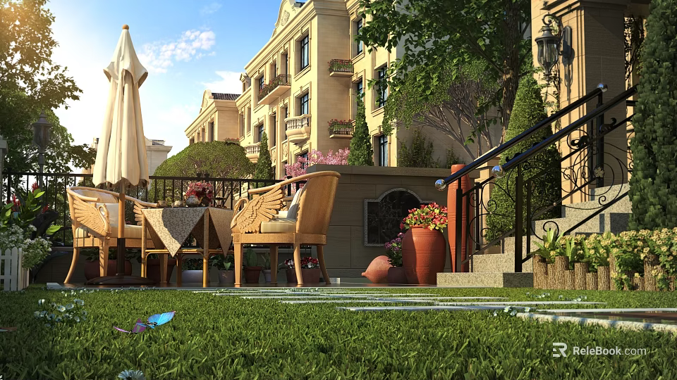 Garden Landscape With Lush Green Lawn Outdoor Seating And Potted Flowers Near Elegant Building 3d model 