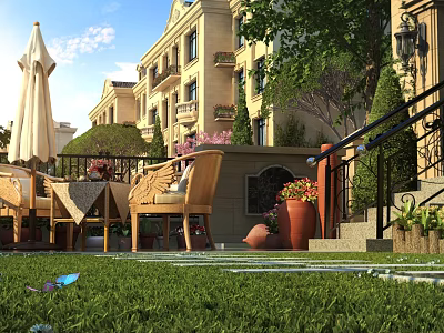 Garden Landscape With Lush Green Lawn Outdoor Seating And Potted Flowers Near Elegant Building 3d model