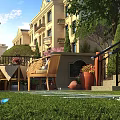 Garden Landscape With Lush Green Lawn Outdoor Seating And Potted Flowers Near Elegant Building
