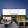 Rooftop Bar Outdoor Seating With Green Plants Water Feature And City Night View