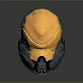 Futuristic Sci Fi Weapon With Golden Gray Metallic Helmet Shaped Mechanical Design