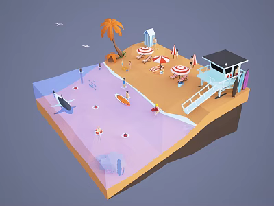 Cartoon Beach Scene With Palm Tree Umbrellas Lifeguard Hut Surfboard Whale And Buoys 3d model
