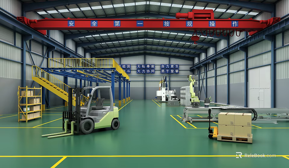 Industrial Factory Interior Featuring Forklift Yellow Staircase Machinery Crates And Green Floor 3d model 
