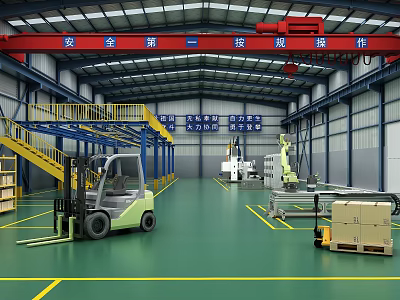 Industrial Factory Interior Featuring Forklift Yellow Staircase Machinery Crates And Green Floor 3d model