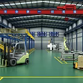 Industrial Factory Interior Featuring Forklift Yellow Staircase Machinery Crates And Green Floor