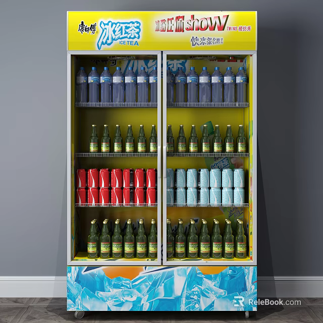 Double Door Commercial Freezer Filled With Assorted Bottled And Canned Drinks 3d model