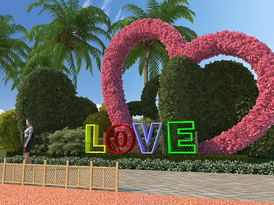 Heart Shaped Pink Flower Arch With Palm Trees And Colorful LOVE Letters In Garden Landscape 3d model